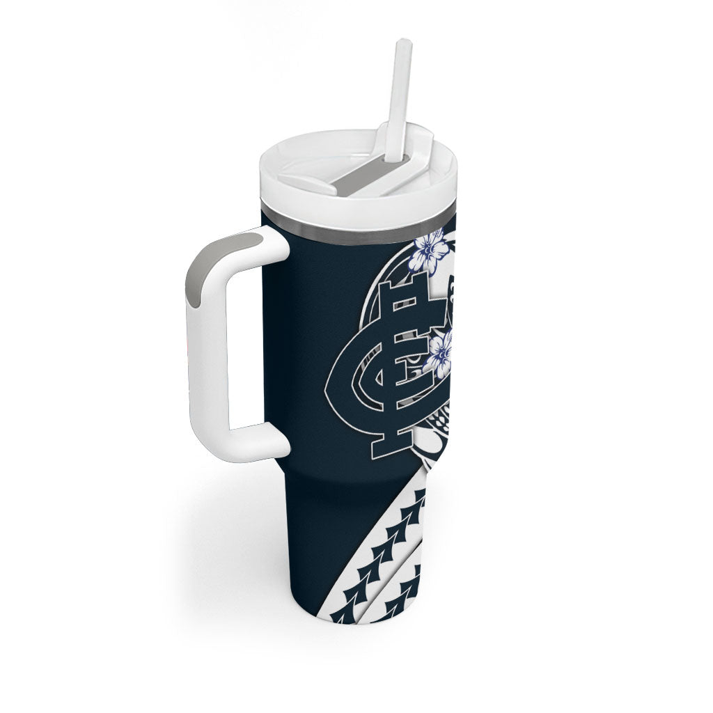 Personalized Carlton Blues Tumbler With Handle Polynesian Tribal Baggers Mascot With Hibiscus Floral Art