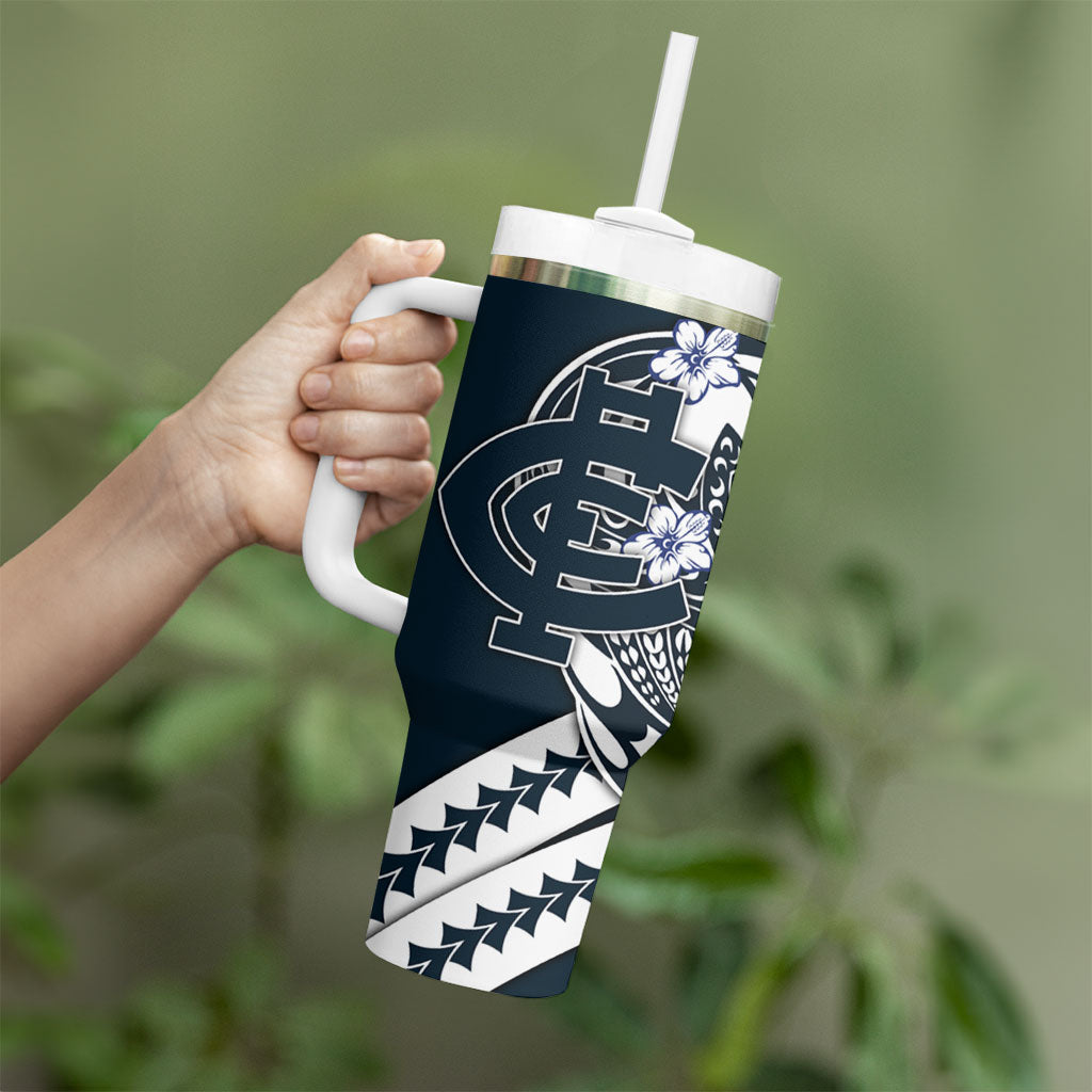 Personalized Carlton Blues Tumbler With Handle Polynesian Tribal Baggers Mascot With Hibiscus Floral Art
