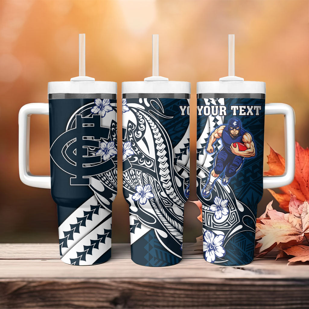 Personalized Carlton Blues Tumbler With Handle Polynesian Tribal Baggers Mascot With Hibiscus Floral Art