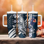 Personalized Carlton Blues Tumbler With Handle Polynesian Tribal Baggers Mascot With Hibiscus Floral Art
