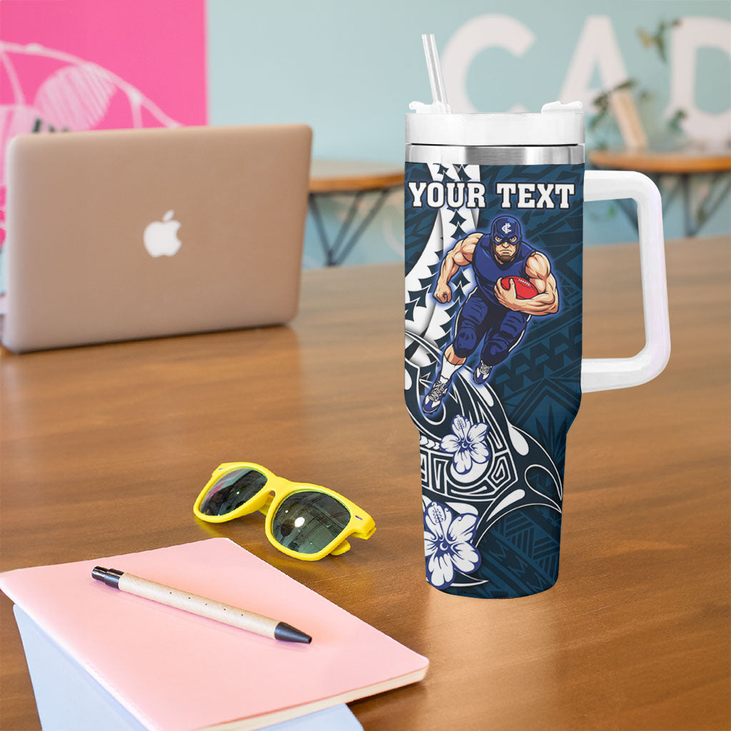 Personalized Carlton Blues Tumbler With Handle Polynesian Tribal Baggers Mascot With Hibiscus Floral Art