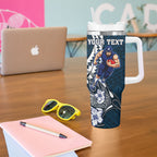 Personalized Carlton Blues Tumbler With Handle Polynesian Tribal Baggers Mascot With Hibiscus Floral Art