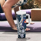 Personalized Carlton Blues Tumbler With Handle Polynesian Tribal Baggers Mascot With Hibiscus Floral Art