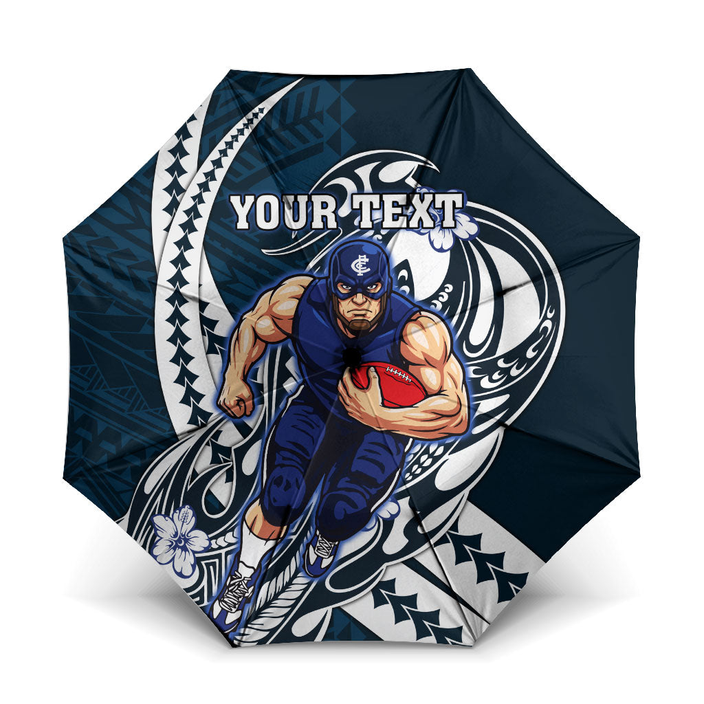 Personalized Carlton Blues Umbrella Polynesian Tribal Baggers Mascot With Hibiscus Floral Art