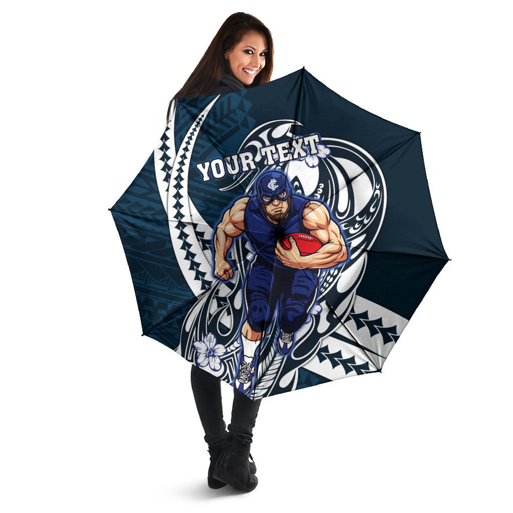 Personalized Carlton Blues Umbrella Polynesian Tribal Baggers Mascot With Hibiscus Floral Art