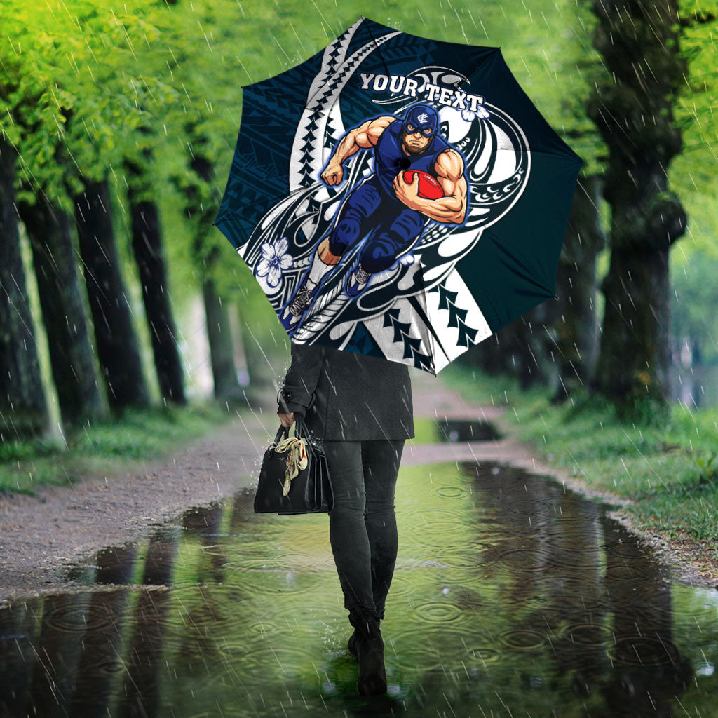 Personalized Carlton Blues Umbrella Polynesian Tribal Baggers Mascot With Hibiscus Floral Art