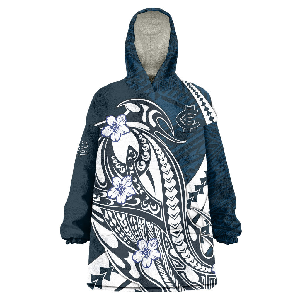 Personalized Carlton Blues Wearable Blanket Hoodie Polynesian Tribal Baggers Mascot With Hibiscus Floral Art