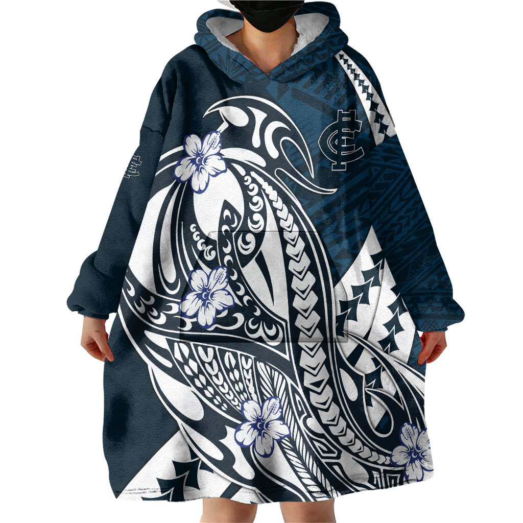 Personalized Carlton Blues Wearable Blanket Hoodie Polynesian Tribal Baggers Mascot With Hibiscus Floral Art