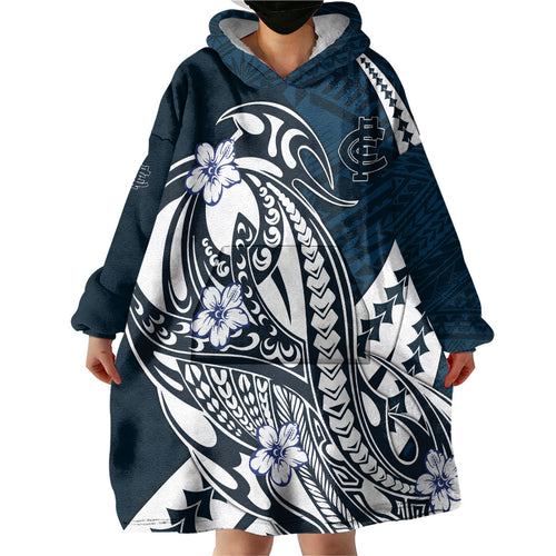 Personalized Carlton Blues Wearable Blanket Hoodie Polynesian Tribal Baggers Mascot With Hibiscus Floral Art