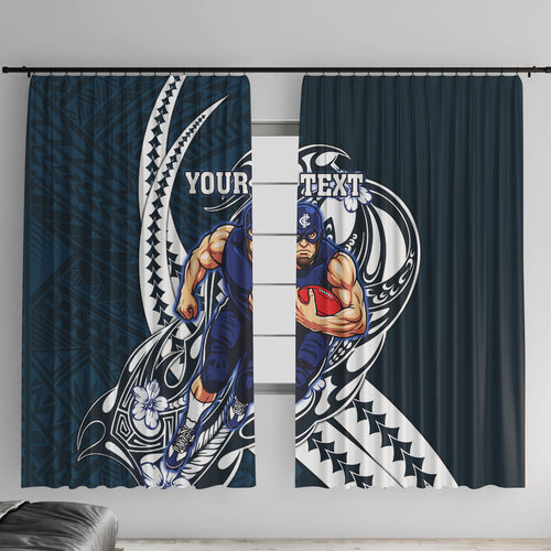 Personalized Carlton Blues Window Curtain Polynesian Tribal Baggers Mascot With Hibiscus Floral Art