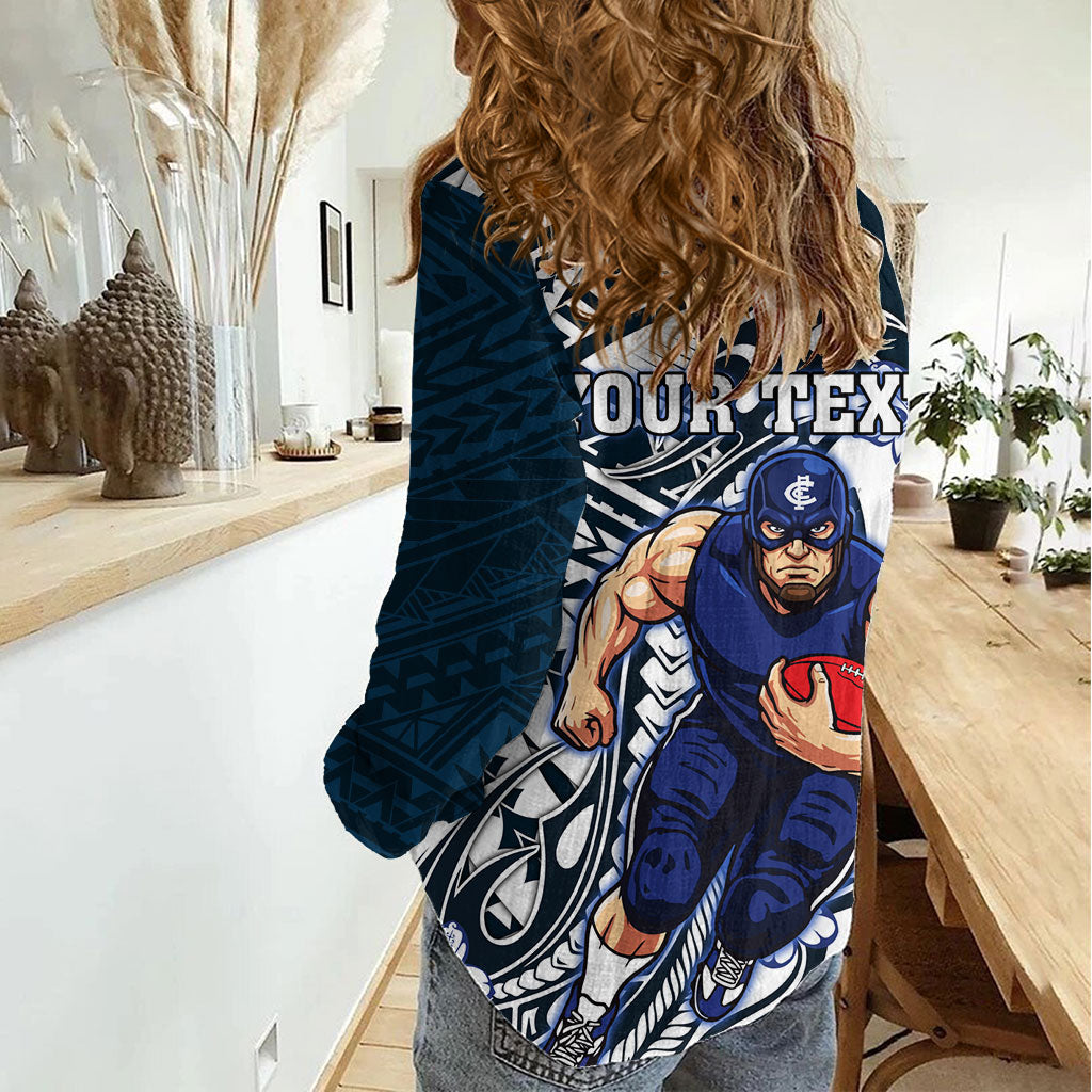 Personalized Carlton Blues Women Casual Shirt Polynesian Tribal Baggers Mascot With Hibiscus Floral Art
