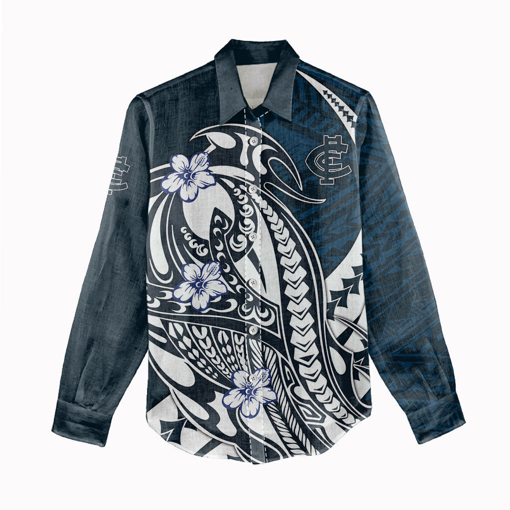 Personalized Carlton Blues Women Casual Shirt Polynesian Tribal Baggers Mascot With Hibiscus Floral Art