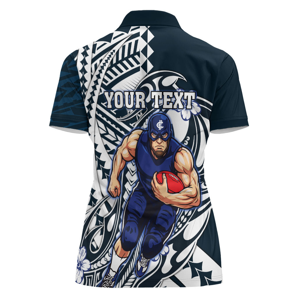 Personalized Carlton Blues Women Polo Shirt Polynesian Tribal Baggers Mascot With Hibiscus Floral Art