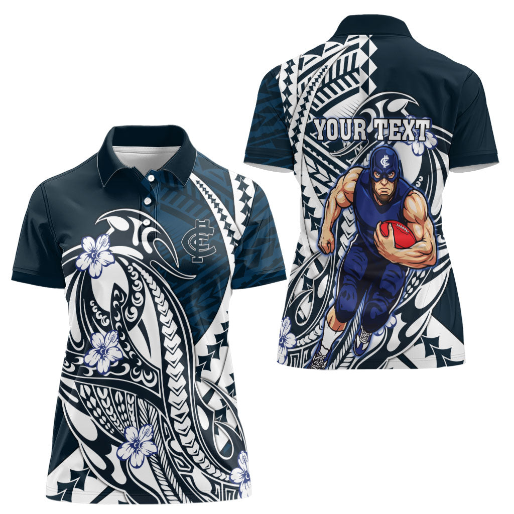 Personalized Carlton Blues Women Polo Shirt Polynesian Tribal Baggers Mascot With Hibiscus Floral Art