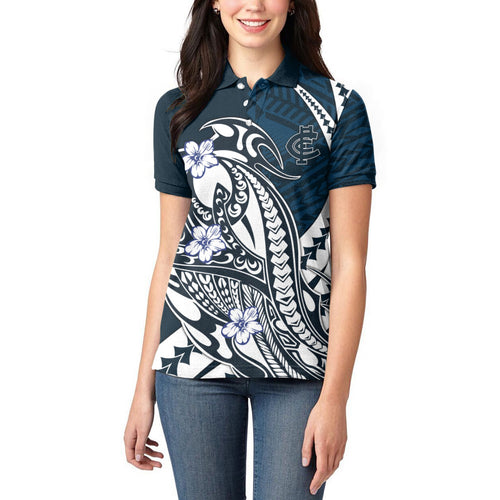 Personalized Carlton Blues Women Polo Shirt Polynesian Tribal Baggers Mascot With Hibiscus Floral Art