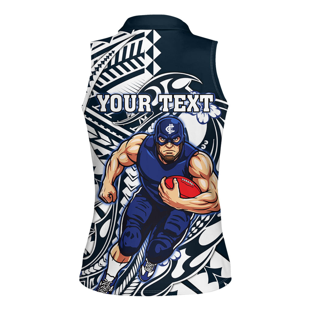 Personalized Carlton Blues Women Sleeveless Polo Shirt Polynesian Tribal Baggers Mascot With Hibiscus Floral Art