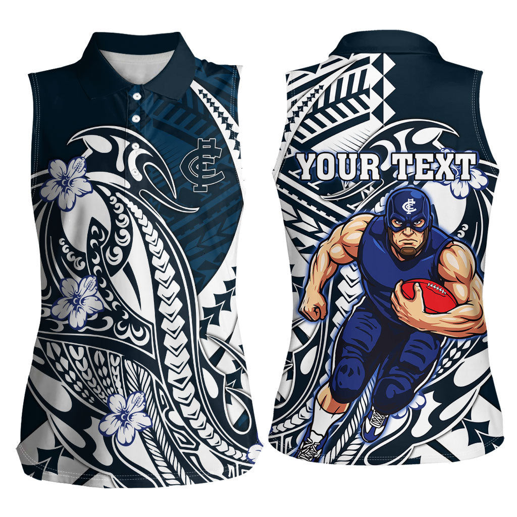 Personalized Carlton Blues Women Sleeveless Polo Shirt Polynesian Tribal Baggers Mascot With Hibiscus Floral Art