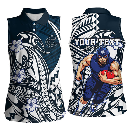 Personalized Carlton Blues Women Sleeveless Polo Shirt Polynesian Tribal Baggers Mascot With Hibiscus Floral Art