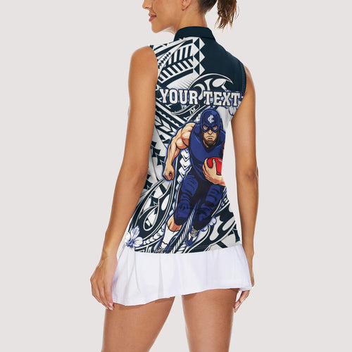 Personalized Carlton Blues Women Sleeveless Polo Shirt Polynesian Tribal Baggers Mascot With Hibiscus Floral Art