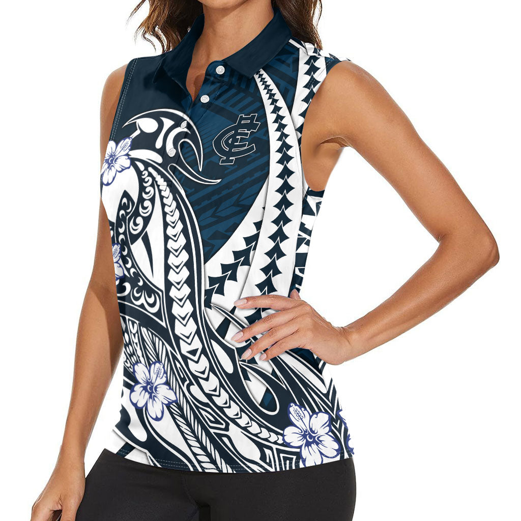 Personalized Carlton Blues Women Sleeveless Polo Shirt Polynesian Tribal Baggers Mascot With Hibiscus Floral Art