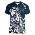Personalized Carlton Blues Women V-Neck T-Shirt Polynesian Tribal Baggers Mascot With Hibiscus Floral Art