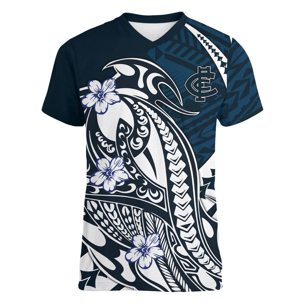 Personalized Carlton Blues Women V-Neck T-Shirt Polynesian Tribal Baggers Mascot With Hibiscus Floral Art