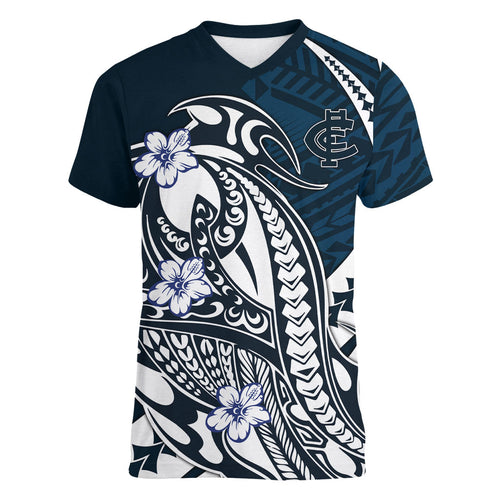 Personalized Carlton Blues Women V-Neck T-Shirt Polynesian Tribal Baggers Mascot With Hibiscus Floral Art
