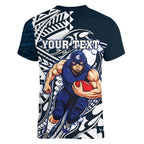 Personalized Carlton Blues Women V-Neck T-Shirt Polynesian Tribal Baggers Mascot With Hibiscus Floral Art