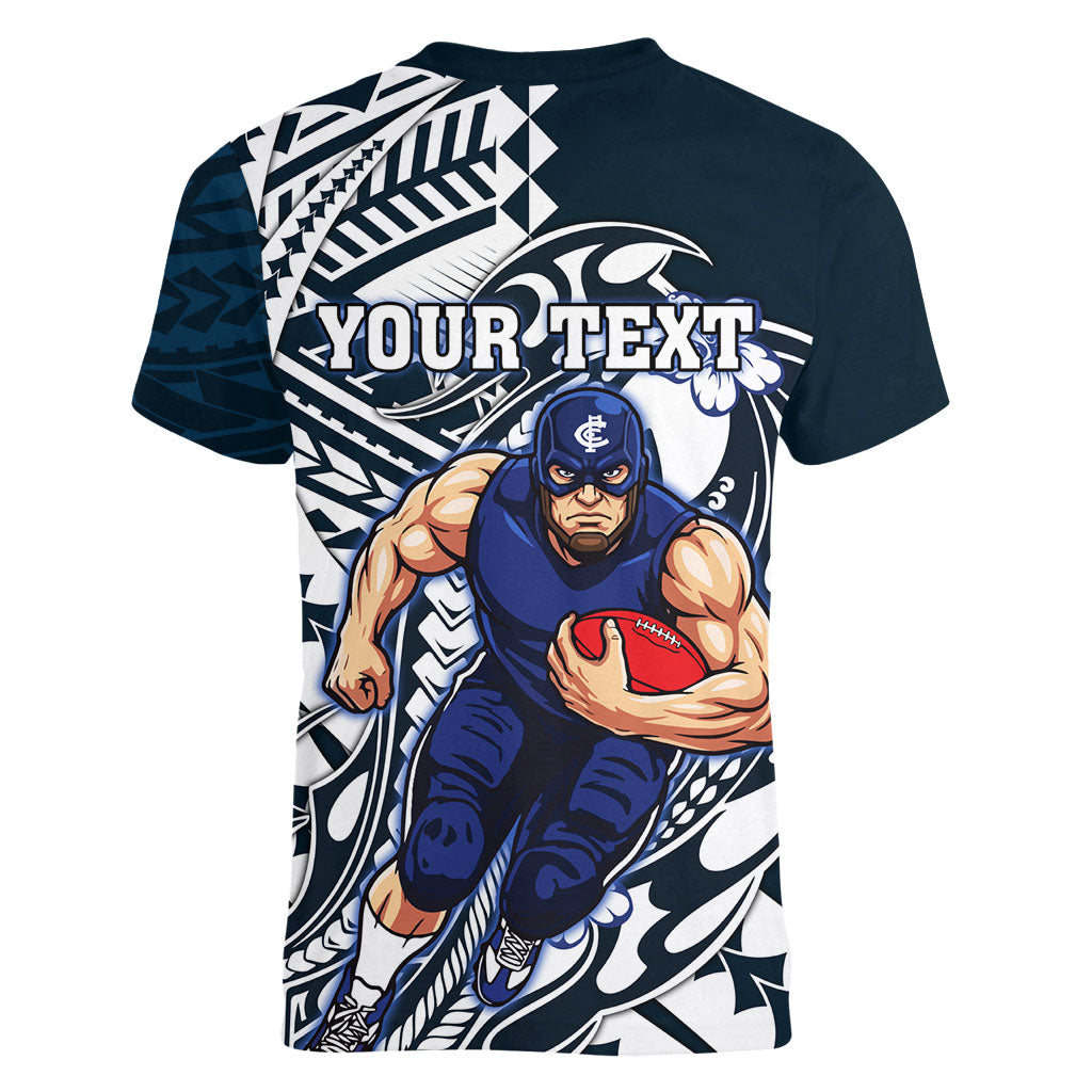 Personalized Carlton Blues Women V-Neck T-Shirt Polynesian Tribal Baggers Mascot With Hibiscus Floral Art