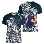 Personalized Carlton Blues Women V-Neck T-Shirt Polynesian Tribal Baggers Mascot With Hibiscus Floral Art
