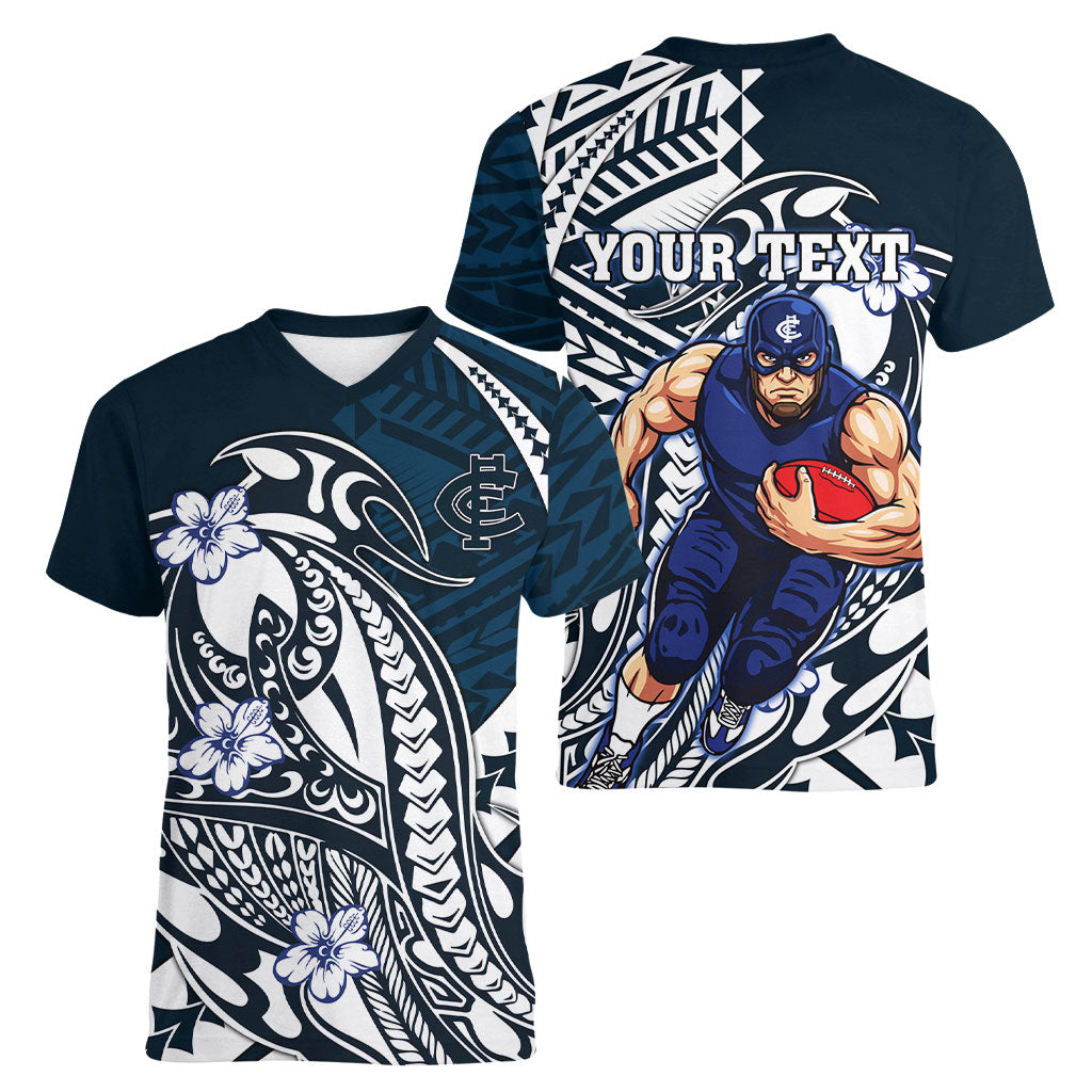 Personalized Carlton Blues Women V-Neck T-Shirt Polynesian Tribal Baggers Mascot With Hibiscus Floral Art