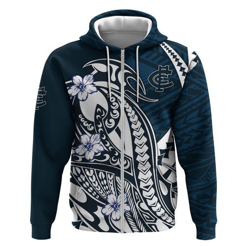 Personalized Carlton Blues Zip Hoodie Polynesian Tribal Baggers Mascot With Hibiscus Floral Art