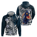Personalized Carlton Blues Zip Hoodie Polynesian Tribal Baggers Mascot With Hibiscus Floral Art