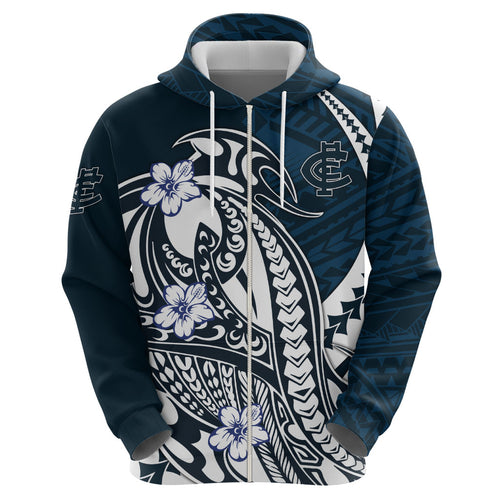 Personalized Carlton Blues Zip Hoodie Polynesian Tribal Baggers Mascot With Hibiscus Floral Art