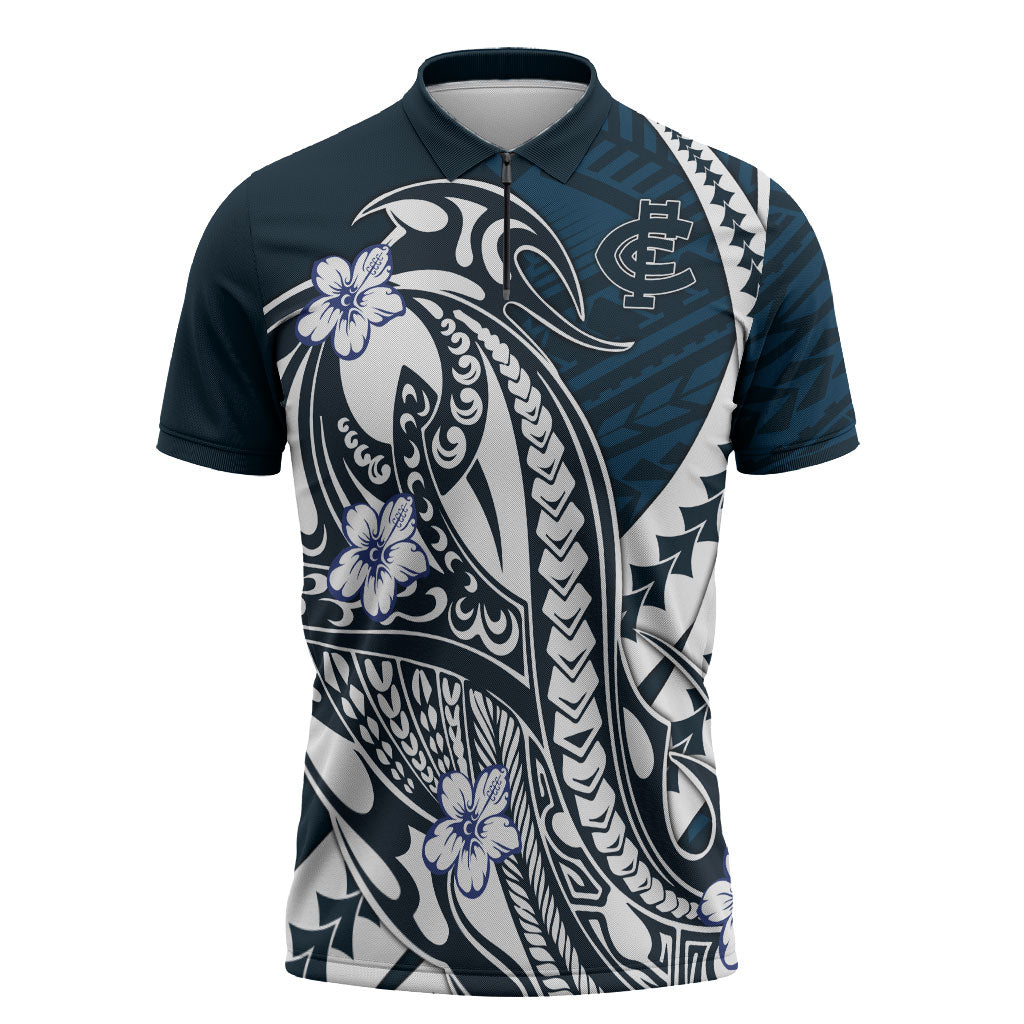 Personalized Carlton Blues Zipper Polo Shirt Polynesian Tribal Baggers Mascot With Hibiscus Floral Art