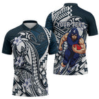 Personalized Carlton Blues Zipper Polo Shirt Polynesian Tribal Baggers Mascot With Hibiscus Floral Art