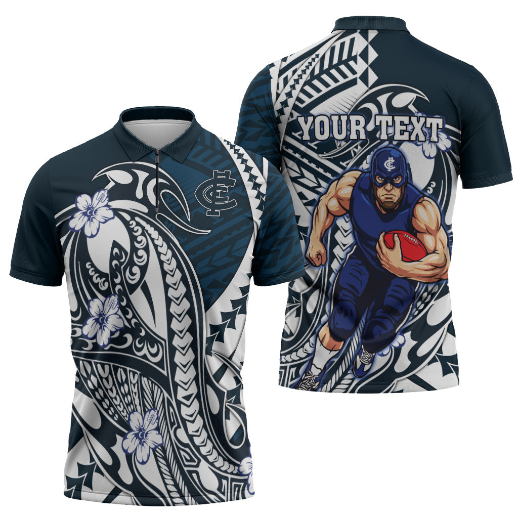 Personalized Carlton Blues Zipper Polo Shirt Polynesian Tribal Baggers Mascot With Hibiscus Floral Art