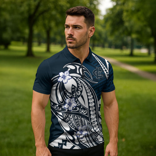 Personalized Carlton Blues Zipper Polo Shirt Polynesian Tribal Baggers Mascot With Hibiscus Floral Art