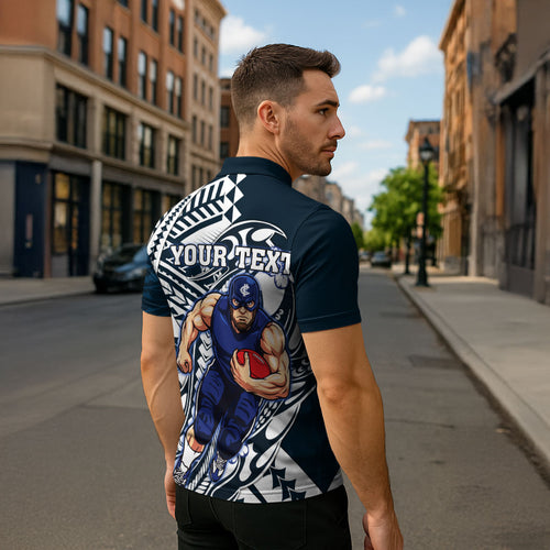 Personalized Carlton Blues Zipper Polo Shirt Polynesian Tribal Baggers Mascot With Hibiscus Floral Art
