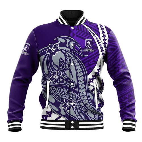Personalized Fremantle Dockers Baseball Jacket Polynesian Tribal Freo Mascot With Hibiscus Floral Art