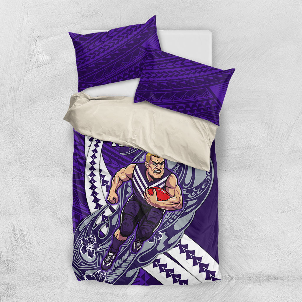 Personalized Fremantle Dockers Bedding Set Polynesian Tribal Freo Mascot With Hibiscus Floral Art