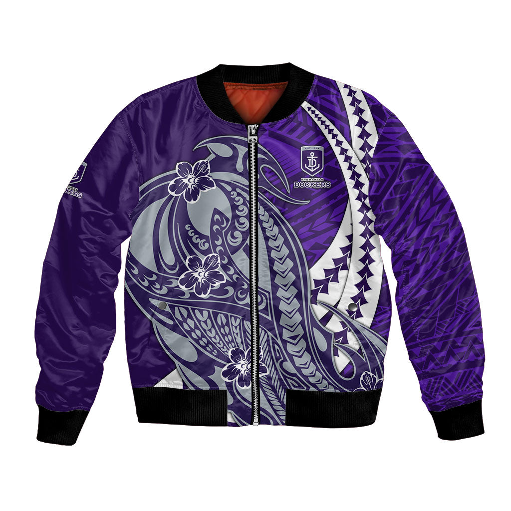Personalized Fremantle Dockers Bomber Jacket Polynesian Tribal Freo Mascot With Hibiscus Floral Art