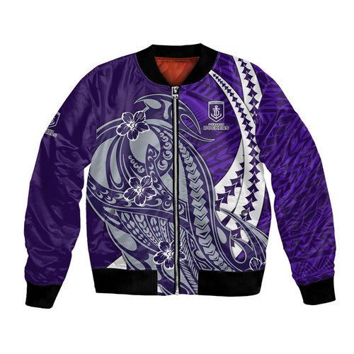 Personalized Fremantle Dockers Bomber Jacket Polynesian Tribal Freo Mascot With Hibiscus Floral Art