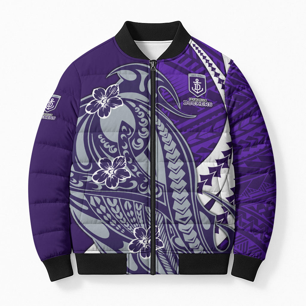Personalized Fremantle Dockers Bomber Puffer Jacket Polynesian Tribal Freo Mascot With Hibiscus Floral Art