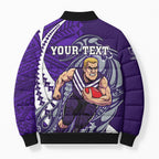 Personalized Fremantle Dockers Bomber Puffer Jacket Polynesian Tribal Freo Mascot With Hibiscus Floral Art