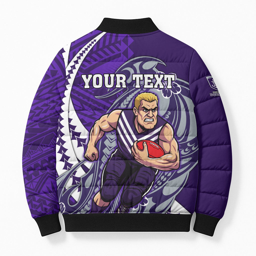 Personalized Fremantle Dockers Bomber Puffer Jacket Polynesian Tribal Freo Mascot With Hibiscus Floral Art