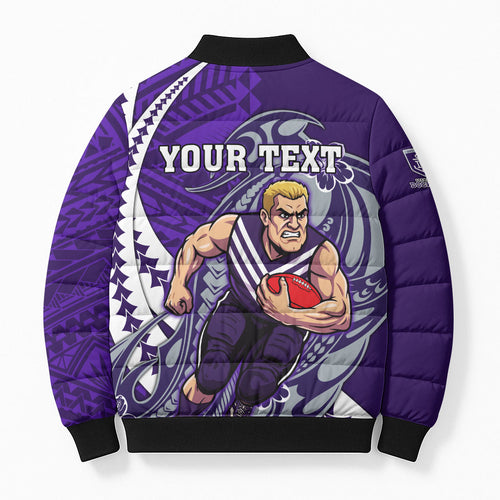 Personalized Fremantle Dockers Bomber Puffer Jacket Polynesian Tribal Freo Mascot With Hibiscus Floral Art