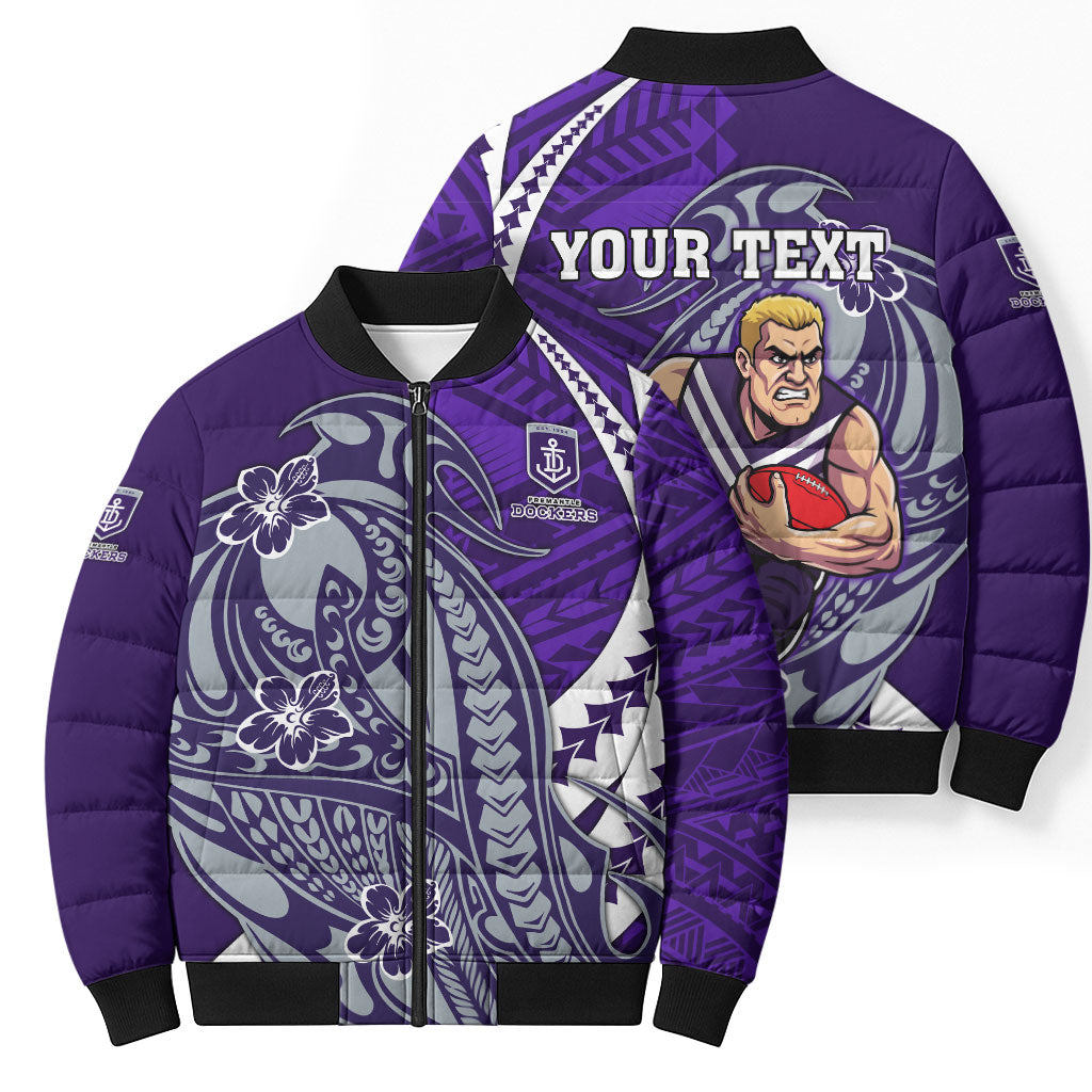 Personalized Fremantle Dockers Bomber Puffer Jacket Polynesian Tribal Freo Mascot With Hibiscus Floral Art