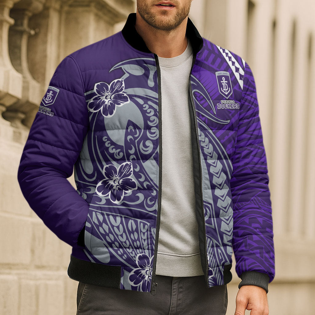 Personalized Fremantle Dockers Bomber Puffer Jacket Polynesian Tribal Freo Mascot With Hibiscus Floral Art
