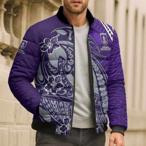 Personalized Fremantle Dockers Bomber Puffer Jacket Polynesian Tribal Freo Mascot With Hibiscus Floral Art